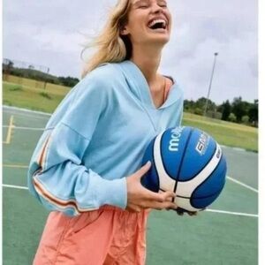 Free People Grand Slam Striped hoodie sweatshirt. Blue w/ pink & yellow striping